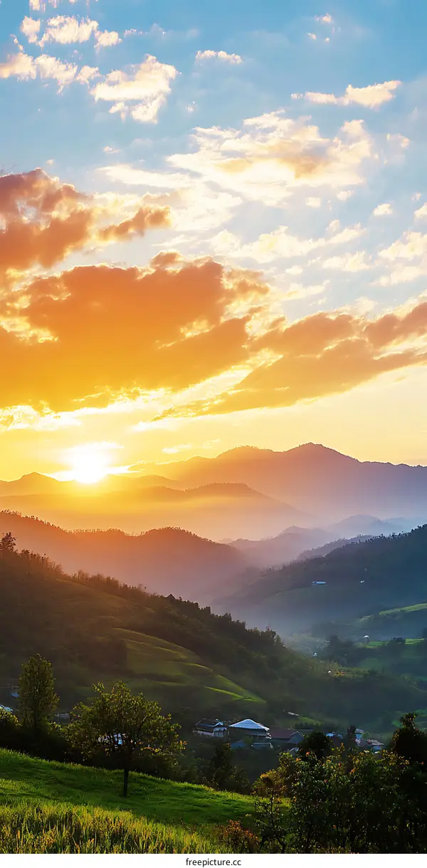 Sunrise Over Rolling Green Hills