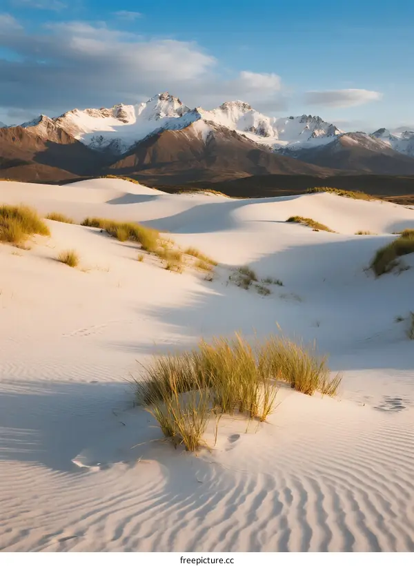 Snow-capped mountain peaks rise above vast white sand dunes under clear sky