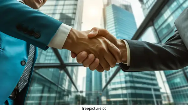 Businessmen shaking hands with a cityscape in the background