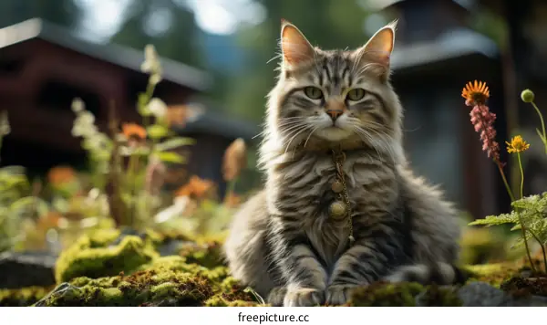 A ginger cat is sitting on the green moss in the garden