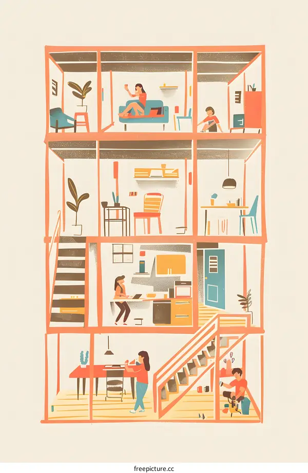 Modern House Interior Design Illustration with People