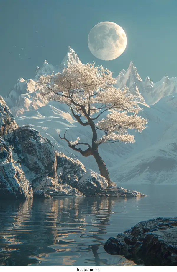 Full Moon Over Withered Tree, Mountains, and Lake