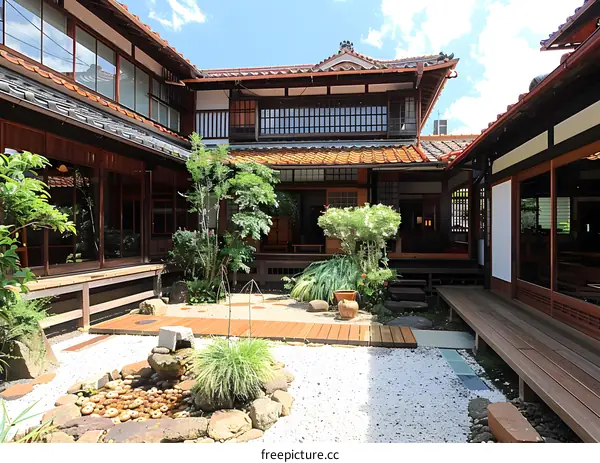 Traditional Japanese house courtyard garden