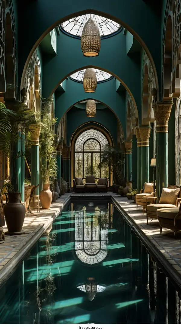 Indoor swimming pool with green walls and arched doorways