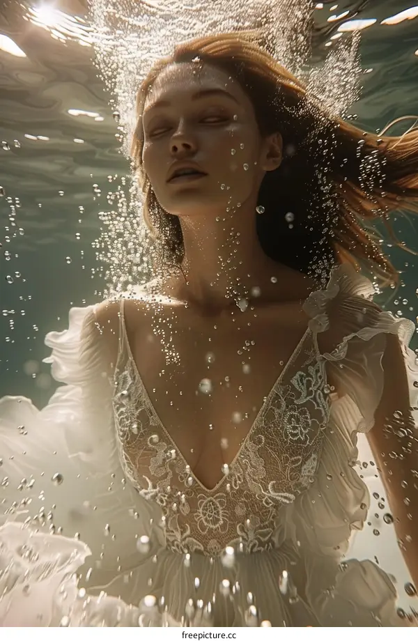 A Woman in a White Dress Floating Underwater