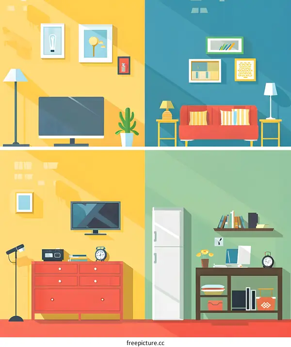 Living Room and Kitchen Interior Design Illustration