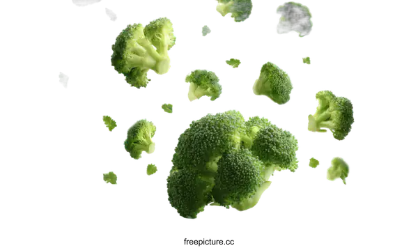[Transparent Background PNG]Broccoli Pieces in Motion Against White Background