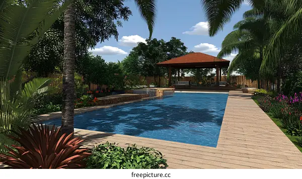 Tropical Poolside Backyard With Gazebo