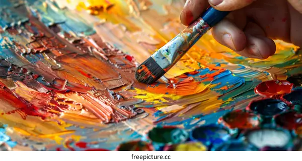 An artist's hand holding a paintbrush is painting on a canvas