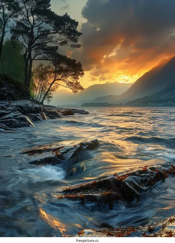 Beautiful sunset over the lake with mountains in the distance