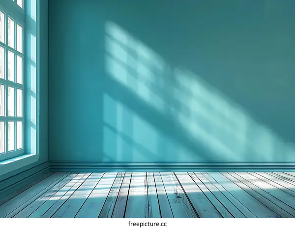 Empty Room Interior With Turquoise Wall And Wooden Floor