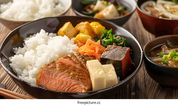 Japanese Meal with Grilled Salmon and Rice