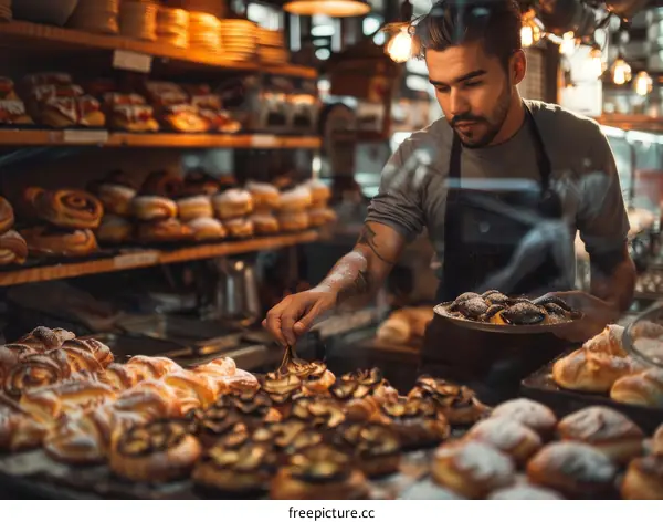 Man Arranging Freshly Baked Pastries in a Bakery