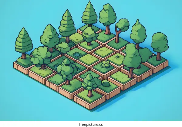 Isometric View of a Forest With Multiple Different Trees