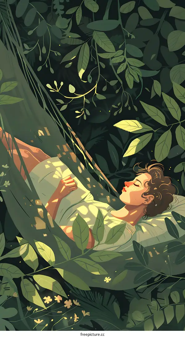 Woman Relaxing in Hammock Surrounded by Lush Green Foliage