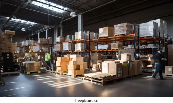 A warehouse worker operates a forklift in a large warehouse