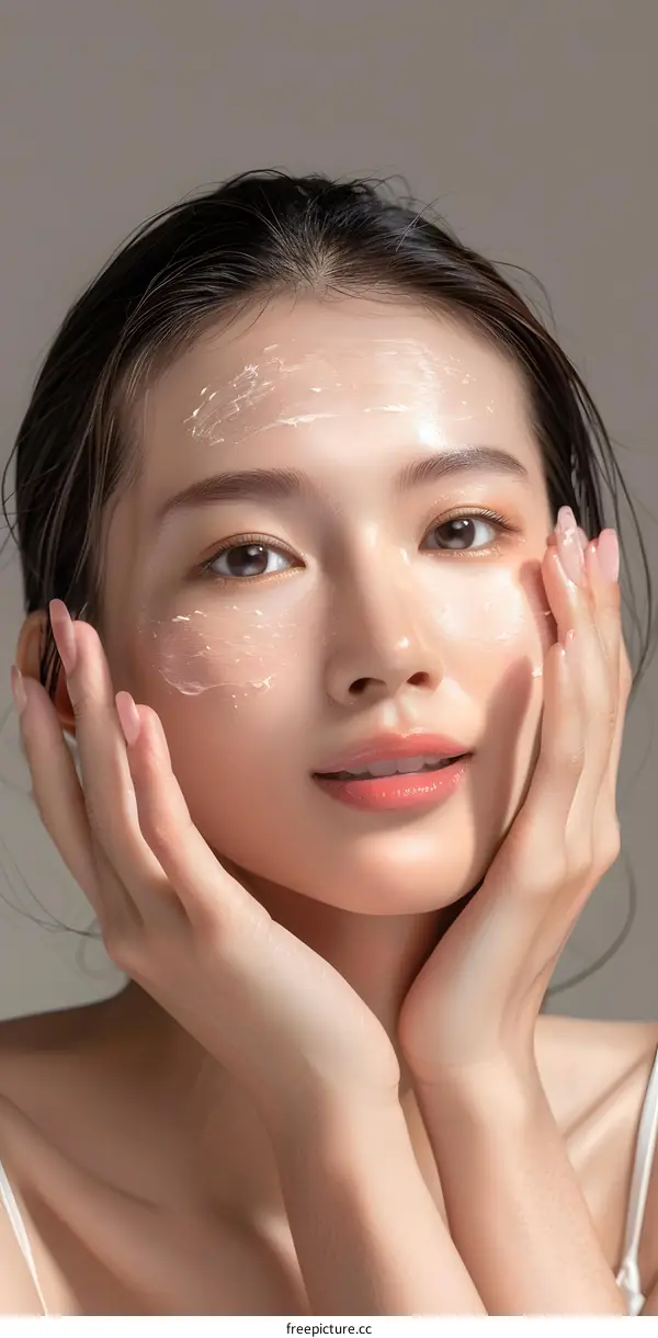 Beautiful Asian Woman Applying Skincare Facial Mask