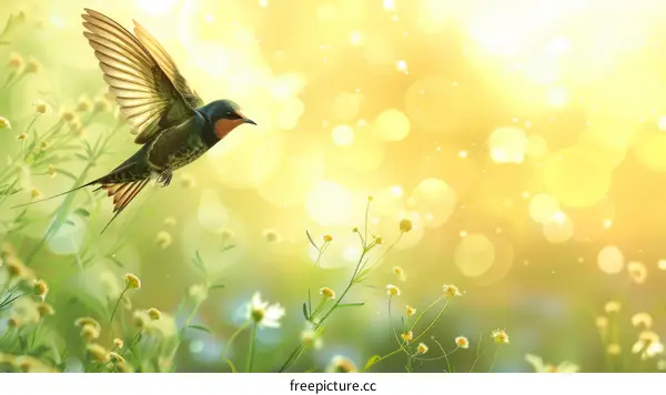 A bird flies over a field of flowers with a blurred background of sunshine