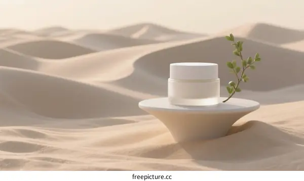 Desert landscape with organic skincare product and green plant