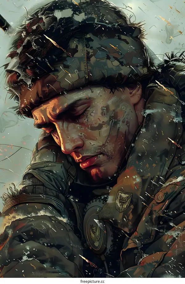 A soldier wearing a military uniform and a camouflage hat with a sad expression on his face