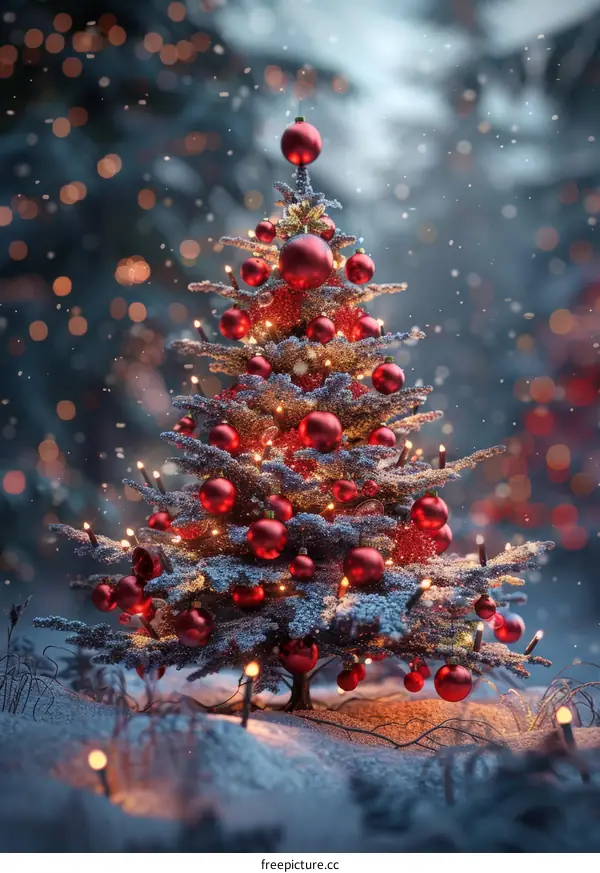 Snow-Covered Christmas Tree Decorated with Red Ornaments
