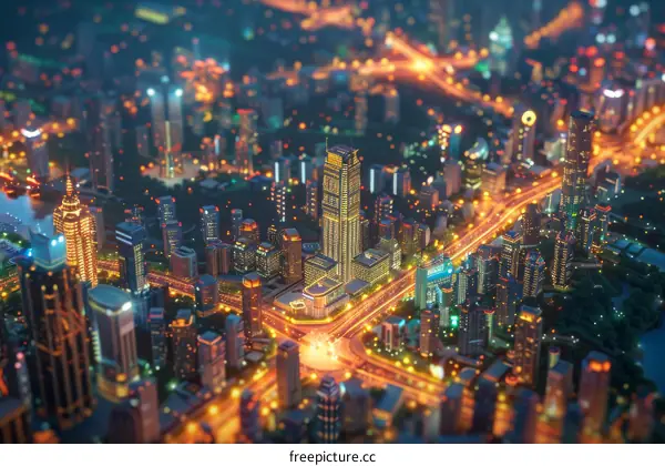 Night City Skyline with Illuminated Buildings and Streets
