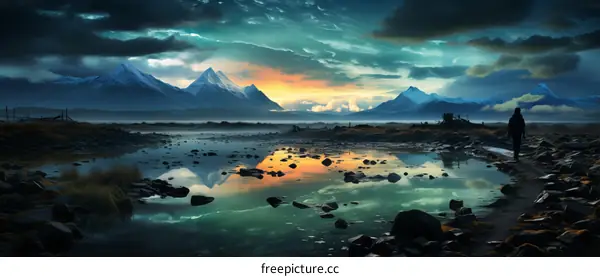 Solitary Figure in a Dramatic Mountain Landscape at Dusk