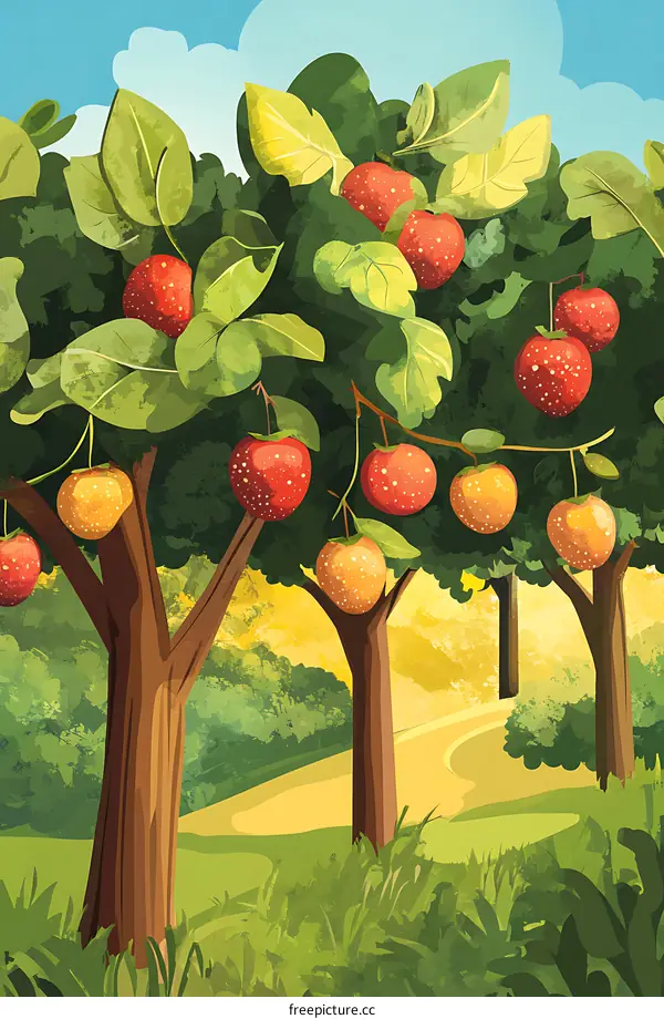 Illustration of Trees With Red and Yellow Fruits