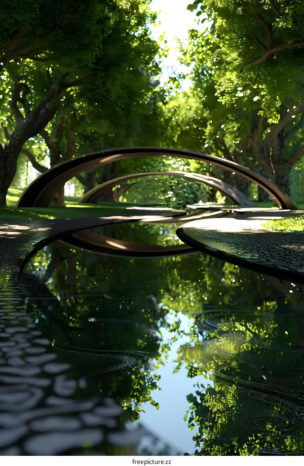 Curved Arches Over Water in a Lush Green Park