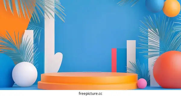 Abstract Blue and Orange Minimalist Background with Palm Leaves