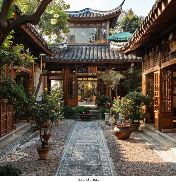 Traditional Chinese Courtyard House with Plants and Pathway