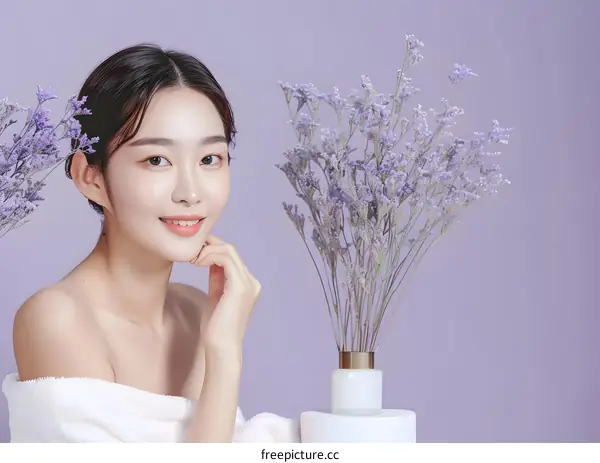 Beautiful Asian Woman with Flowers in a Purple Studio