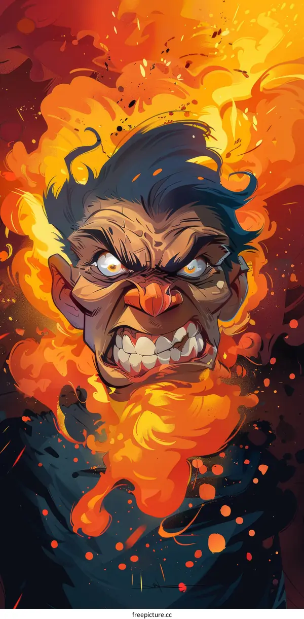 An illustration of a mans face with fire coming out of his head