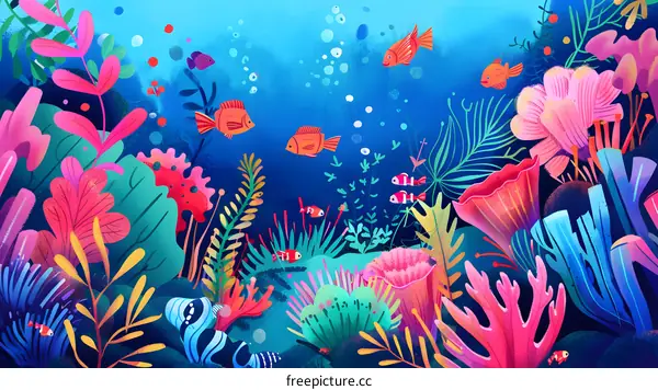 Colorful Underwater Illustration with Fish and Coral Reef