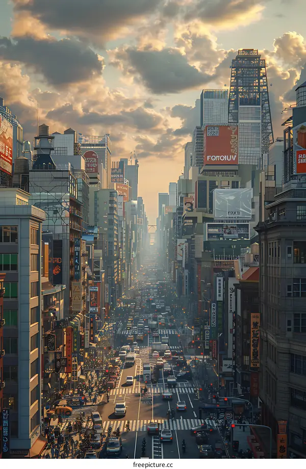 A crowded street in a city with many cars and people crossing the road