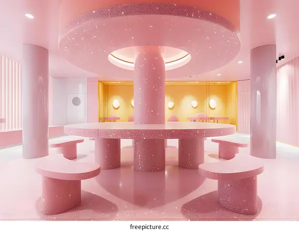 Pink Interior Design with Round Table and Curved Benches