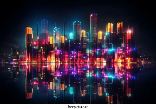 A digital painting of a futuristic city at night with bright neon lights reflecting off the water