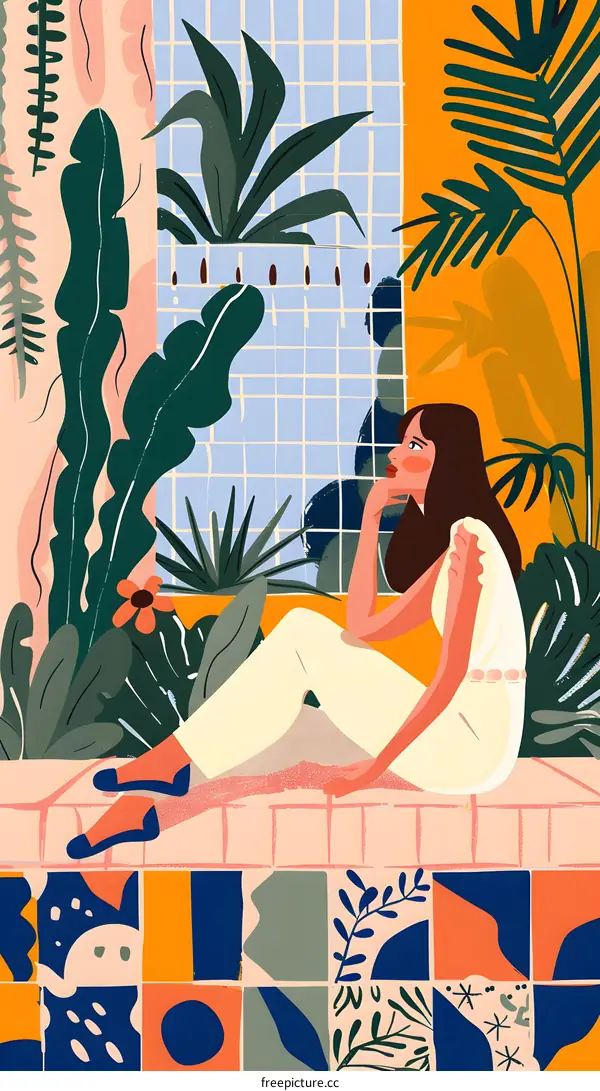 Woman Sitting by Window in a Tropical Garden Illustration
