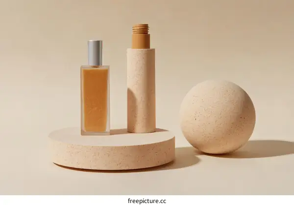 Beige Cosmetic Product Display with Geometric Shapes