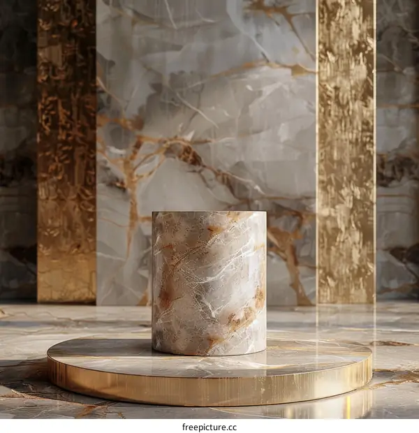 3D rendering of a marble podium with a golden ring on a marble background.