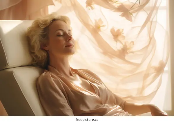 A woman is sitting in a chair with her eyes closed and a peaceful expression on her face.