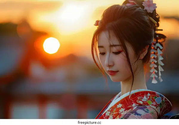 Portrait of a beautiful Japanese woman in traditional kimono