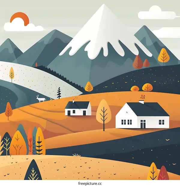 Autumn Landscape With Mountains and Houses