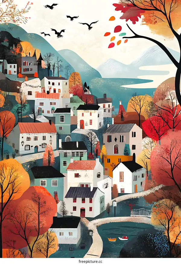 Autumn Landscape With Colorful Houses And A River