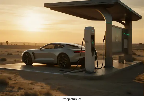 Electric car charging at sunset in desert landscape