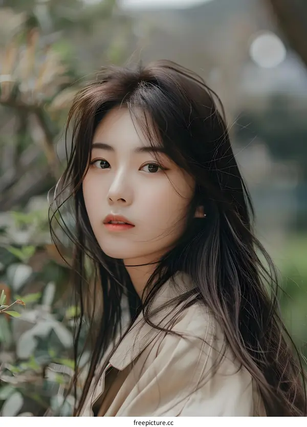 Portrait of a Young Asian Woman With Long Black Hair