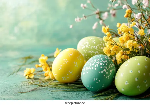 Colorful Easter Eggs and Flowers on a Teal Background