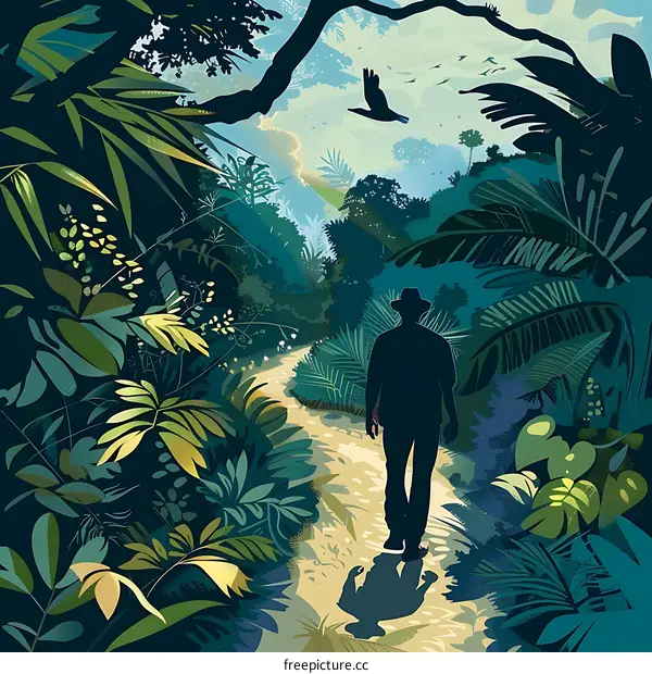 Silhouette of Man Walking Through Lush Tropical Jungle