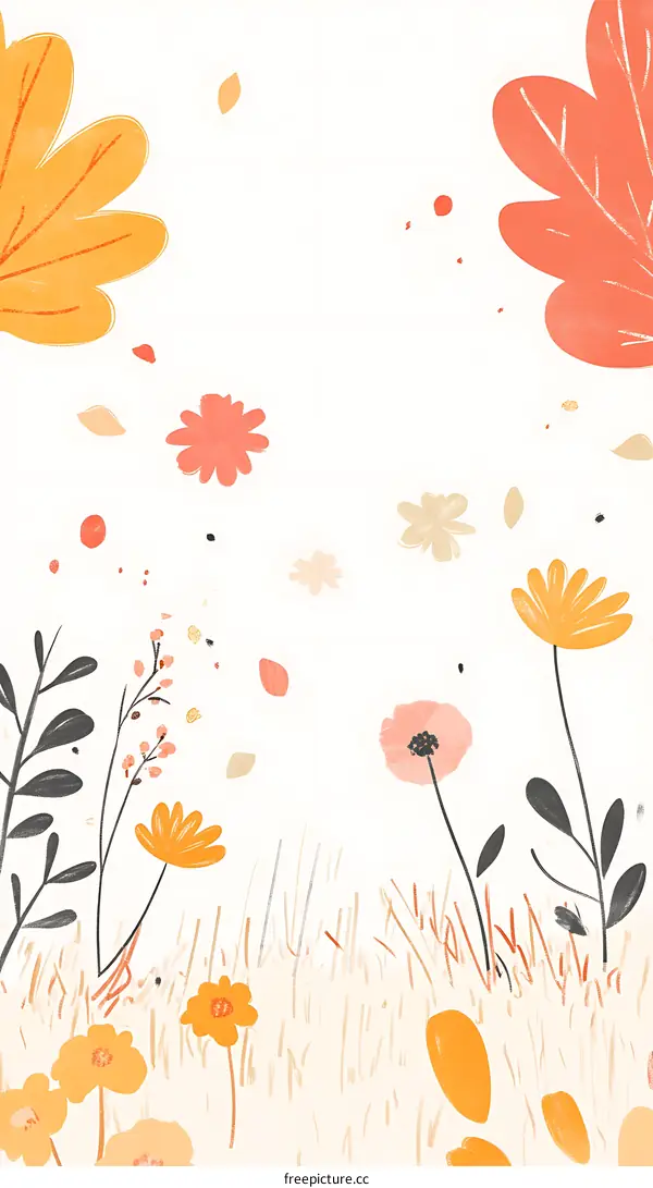 Illustrated Floral Background with Orange, Pink, and Yellow Flowers