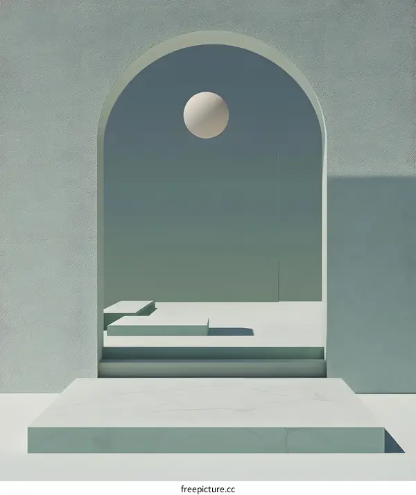 Abstract Minimalist Archway with Marble Steps and a Floating Sphere